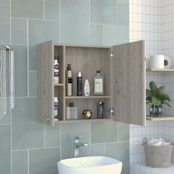 Prague Light Gray Particle Board Medicine Cabinet with Ample Mirror, 4 Shelves, Double Door, 23.6''W x 5.8''D, for Bathroom & Vanity Storage, Durable & Stylish