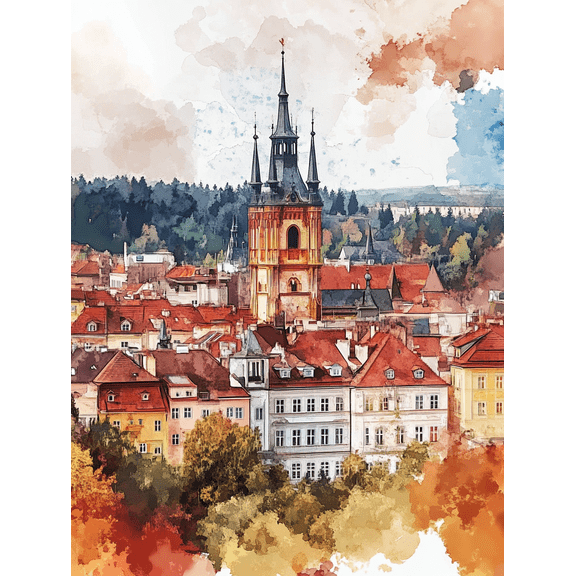 Prague Old Town Watercolor Painting PrintSuitable for Living RoomOffice Hotel and Restaurant Decoration.