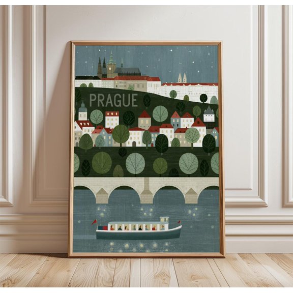 Prague Riverboat Vltava Bridge Print Czech Wall Art, Unframed Paper Print