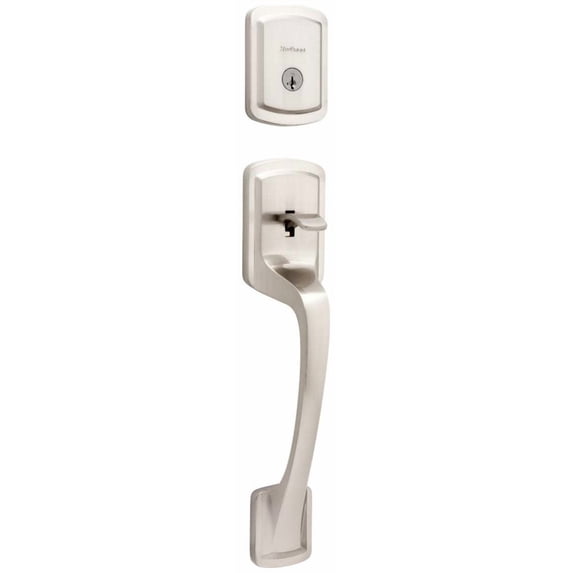 Prague Single Cylinder Exterior Only Handleset featuring SmartKey Series in Satin Nickel