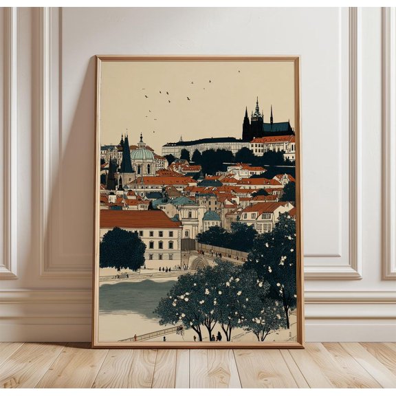 Prague Skyline Historic Cityscape Wall Art Czech Republic River Bridge Urban Landscape Print, Unframed Paper Print
