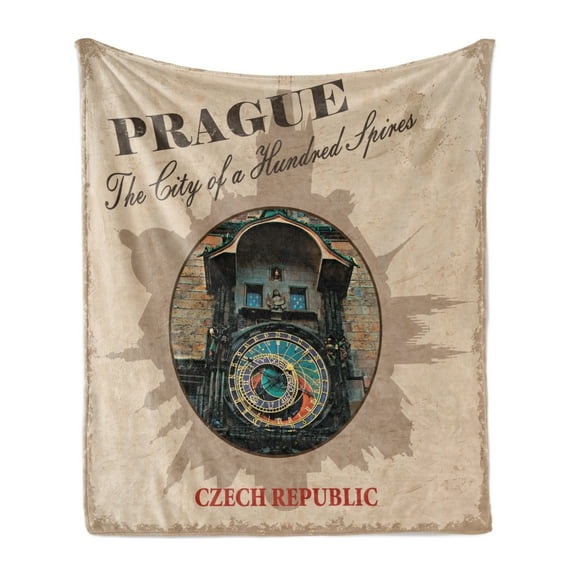 Prague Soft Flannel Fleece Throw Blanket, City of 100 Spires Slogan with Landmark Retro Style Composition, Cozy Plush for Indoor and Outdoor Use, 60" x 80", Beige Dark Sand Brown, by Ambesonne