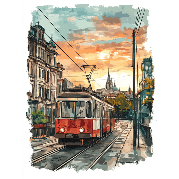 Prague Tram Sunset Canvas Print/Wall Art Suitable for Living Room Bedroom Office Dining Room and Hallway Decoration.
