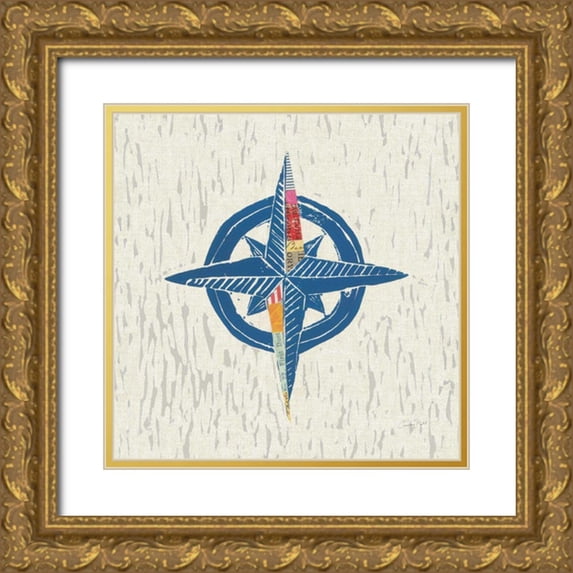 Prahl, Courtney 12x12 Gold Ornate Wood Framed with Double Matting Museum Art Print Titled - Nautical Collage I on Linen