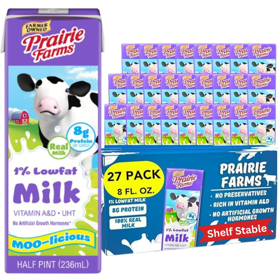 Prairie Farms 1% Percent Milk, Shelf Stable Low Fat Milk, Boxed & Ultra Pasteurized (UHT), Vitamin D - Preservative and Hormone Free, Kosher, Made in USA - 8 FL oz. (27 Pack)