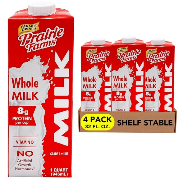 Prairie Farms - Whole Milk - Shelf Stable, Boxed UHT Ultra Pasteurized Milk, Vitamin D White Milk - Preservative and Hormone Free, Gluten Free, Kosher, Made in USA - 1 Quart (4 Pack)