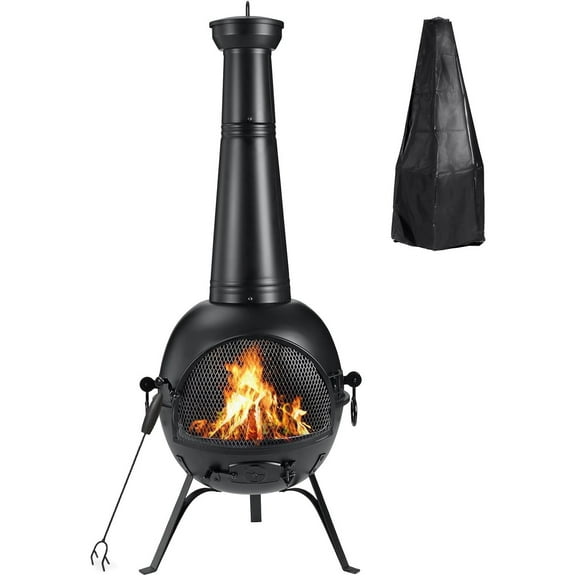 Prairie Fire Outdoor Chiminea Fireplace Deck or Patio Backyard Wooden Fire Pit with Chiminea Cover Rust-Free Iron Black