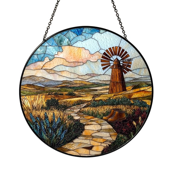 Prairie Windmill Stained Glass Window Panel – Decorative Window Accent
