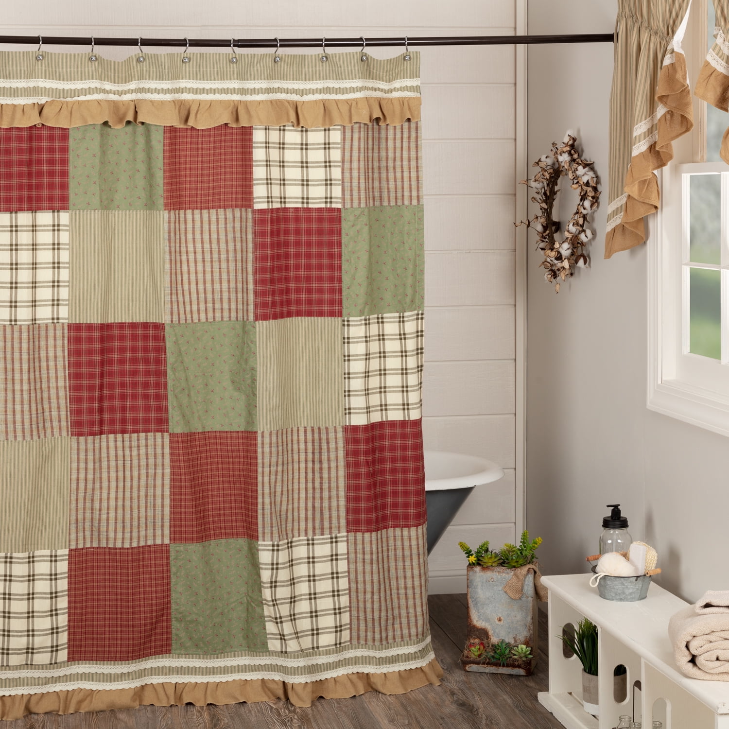 Prairie Winds Patchwork Fabric Shower Curtain with Ruffled Accents