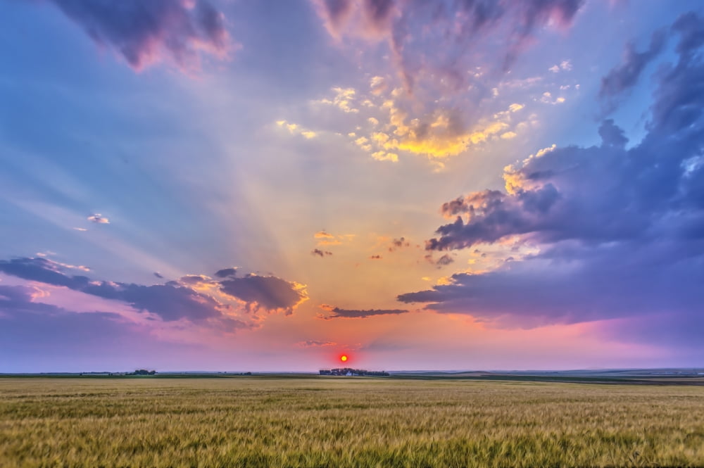 Prairie sunset with crepuscular rays in Alberta Canada Canvas Art - Alan DyerStocktrek Images (17 x 12)