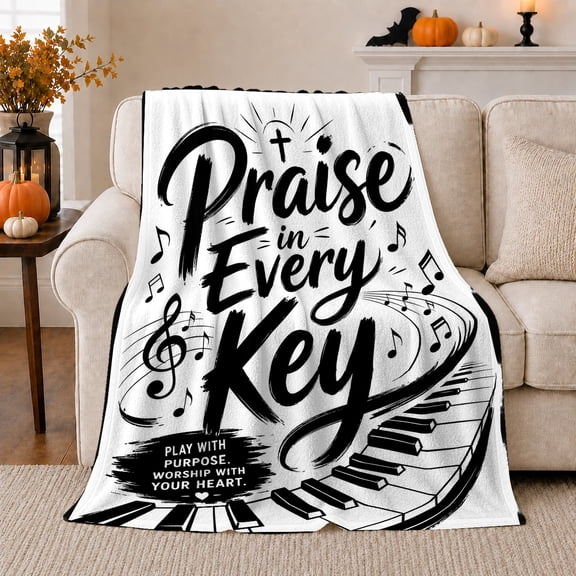 Praise Every Key Piano Keyboard Musical Theme, Festive Holiday Scene, Warm Flannel Blanket for Living Room and Reading Nook, Art Lovers Christmas Gift, Festive Home Decor