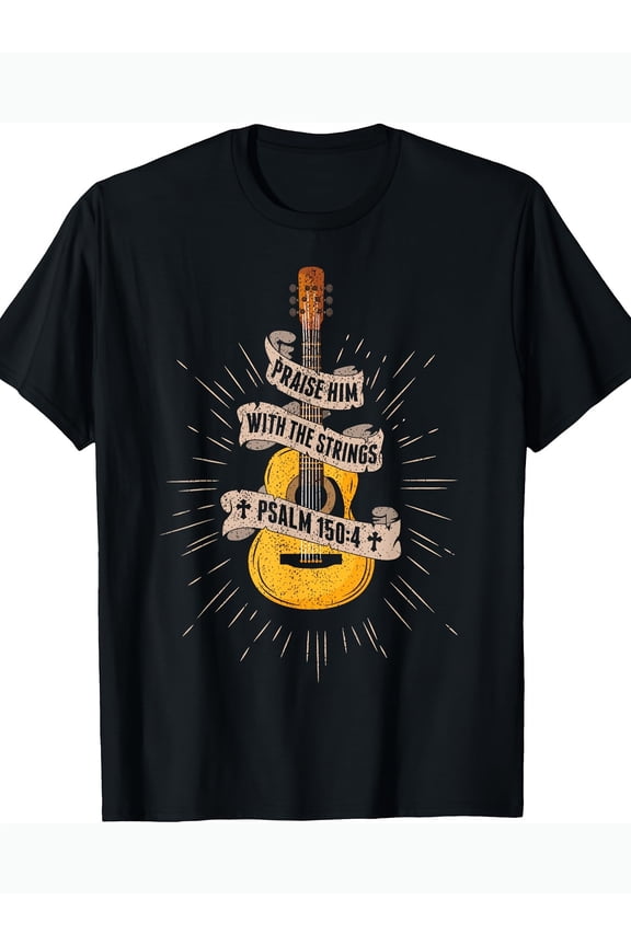 Praise Him With The Strings Jesus Acoustic Guitar Christian T-Shirt220g