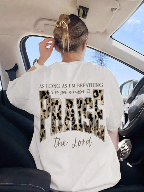 Praise The Lord Leopard Graphic T-Shirt, Christian Casual Round Neck Short Sleeve Tee For Women Summer