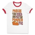 thumbnail image 1 of Praise the Lord and Pass the Pumpkin Pie Ringer Tee Shirt Unisex 2X-Large White/Red, 1 of 5