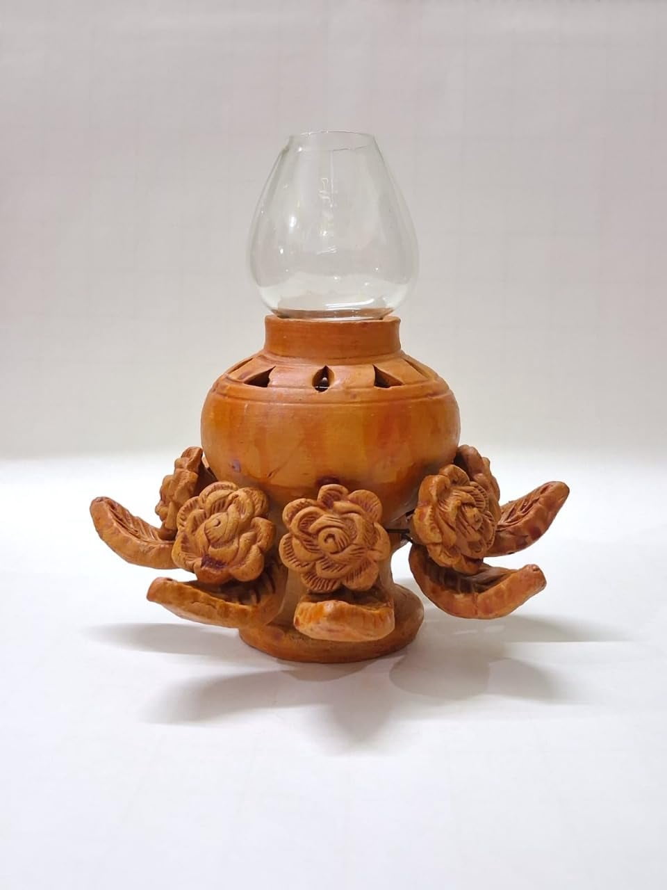 PrakRtyA: Handcrafted Clay Oil Lamp with Glass Chimney | Decorative Carved Floral Design Diya for Home Décor, Pooja & Gifting