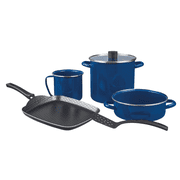 Praktica by Cinsa 6 Piece Enamel on Steel Cookware Set Stock Pot, Dutch Oven, Warmer with Nonstick Square Griddle and Spatula.