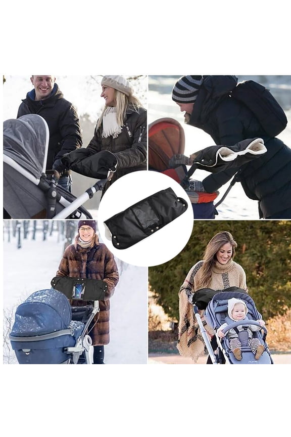 Pram Hand Warmer Stroller Hand Muff Windproof Fleece Hand Muff with Mobile Phone Pocket Removable Pram Gloves Waterproof Cold Weather Hand Cover Universal Pushchair Accessory