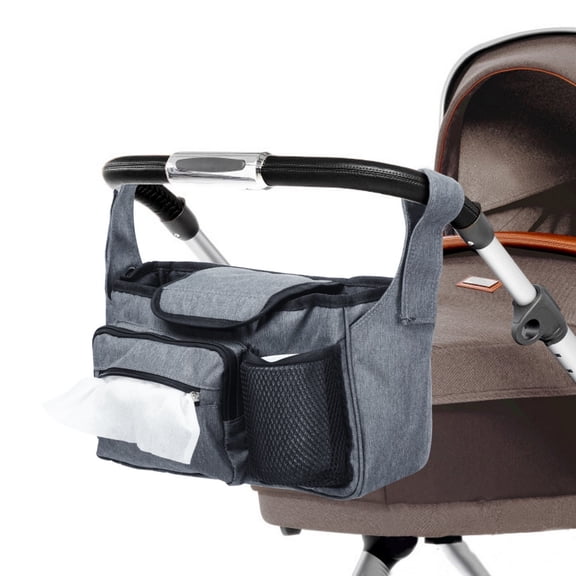 Pram Organizer Bag, Buggy Storage with Zippered Front Pocket, Mesh Pocket, Oxford Fabric, Fastener, Compatible with All Pushchairs