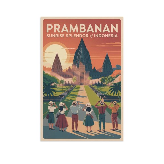 Prambanan Temple Sunrise Splendor Vintage Travel Poster Retro Java Island Indonesia Wall Art Print Canvas Poster