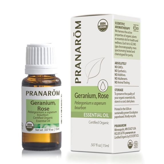 Pranarom USDA Certified Organic Rose Geranium Essential Oil (15ml), 100% Pure Undiluted Therapeutic Grade from Madagascar for Aromatherapy, Diffuser, Skincare, Relaxation, Pure Rose Scent