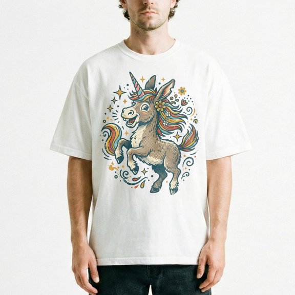 Prancing Donkey Unicorn Flowers Stars Whimsical Vintage Magical Fun T-Shirt