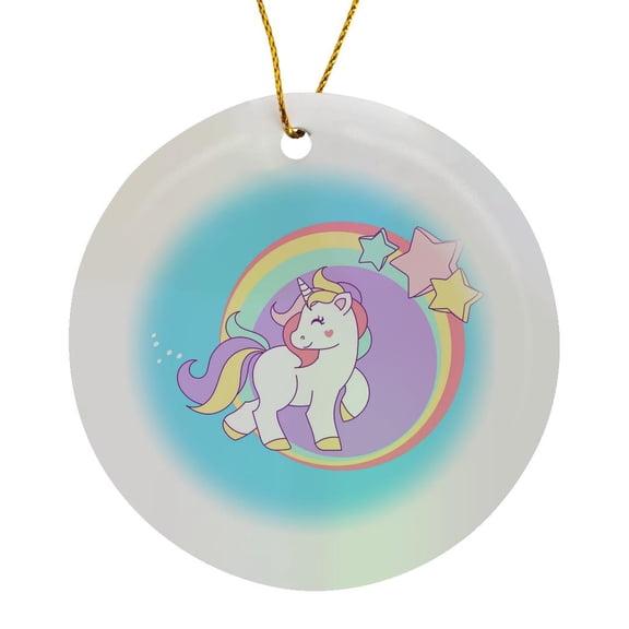 3drose, Prancing Pastel Unicorn with Circles and Stars, Circle Porcelain Ornament