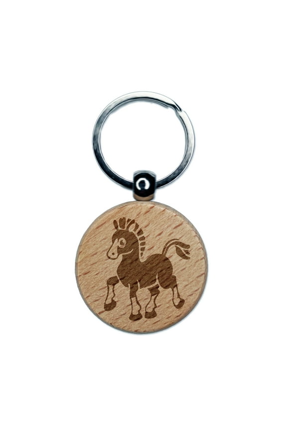 Prancing Pony Horse Mule Round Keychain Charm Tag - Engraved Wood