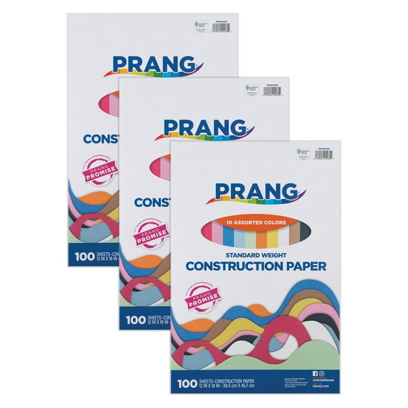 Prang Construction Paper, Standard Weight, 10 Assorted Colors, 12" x 18", 100 Sheets Per Pack, 3 Packs