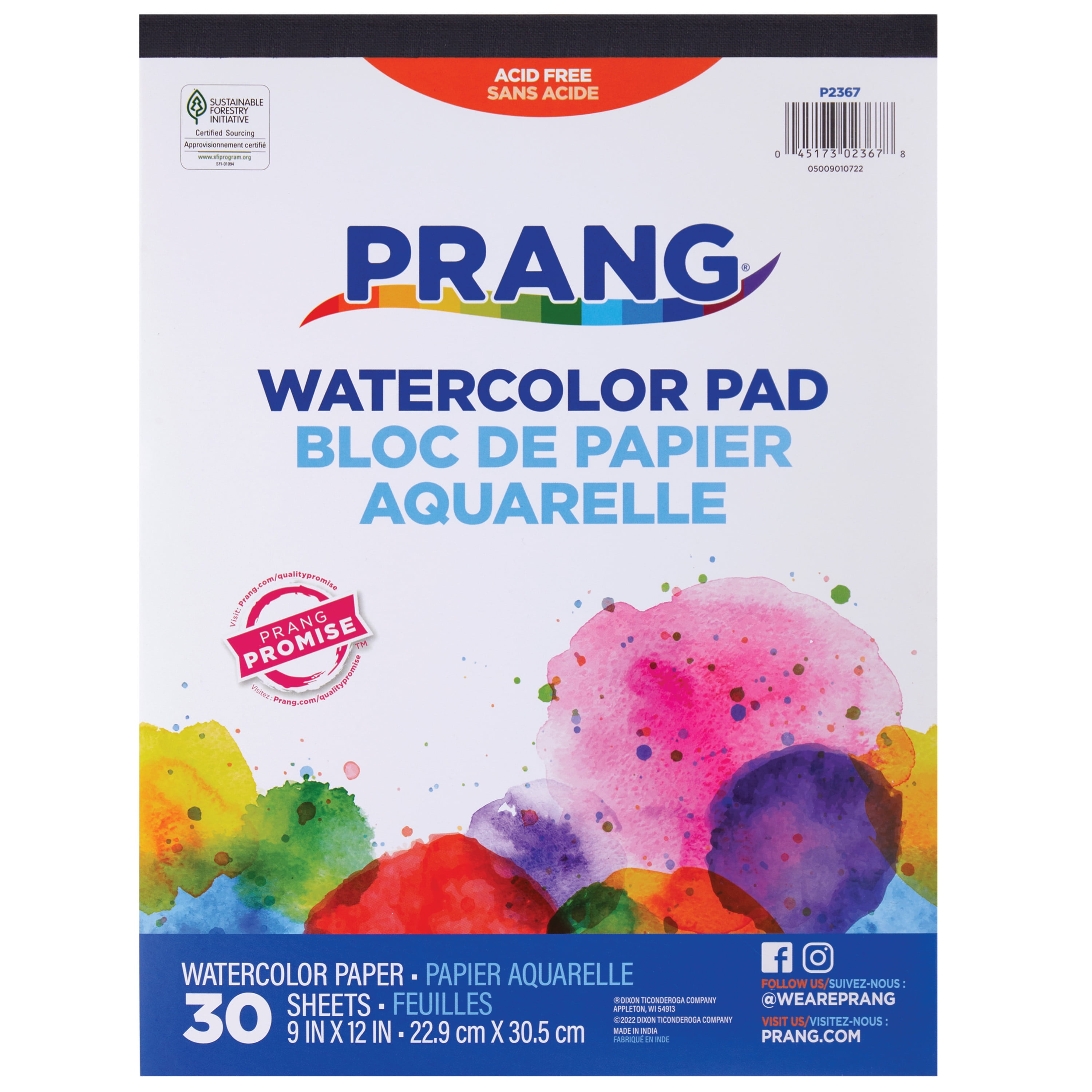 Prang Watercolor Paper Pad, Unruled, White/Multicolor Cover, 30 White 9 x 12 Sheets