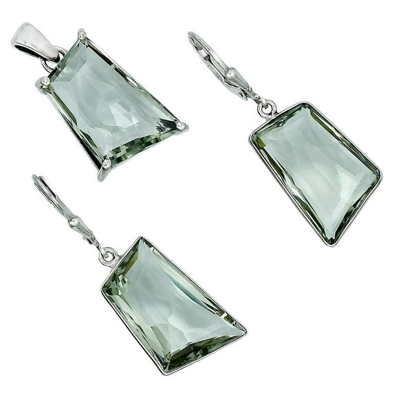 Prasiolite (Green Amethyst) 925 Silver Pendant Earrings Jewelry Set