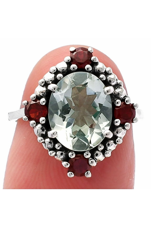 Prasiolite (Green Amethyst) & Garnet 925 Silver Ring s.8.5 Jewelry DGR1135_A_8.5 R-1017
