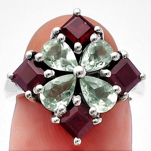 Prasiolite (Green Amethyst) & Garnet 925 Sterling Silver Ring s.6 Jewelry DGR1137_A_6 R-1021