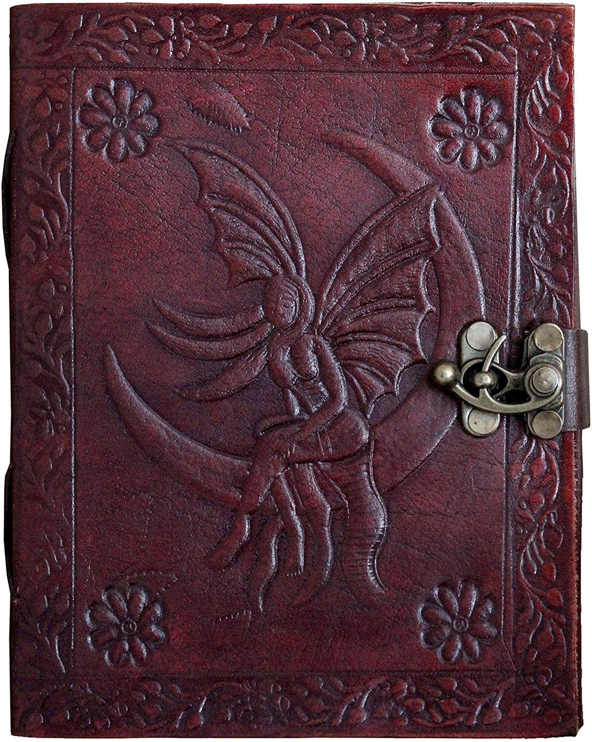 Prastara Leather Handmade Paper Notebook Diary with Metal Lock Journal Diary with Engraved Moon and Fairy/Princess Brown 7 x 5 inches Brown