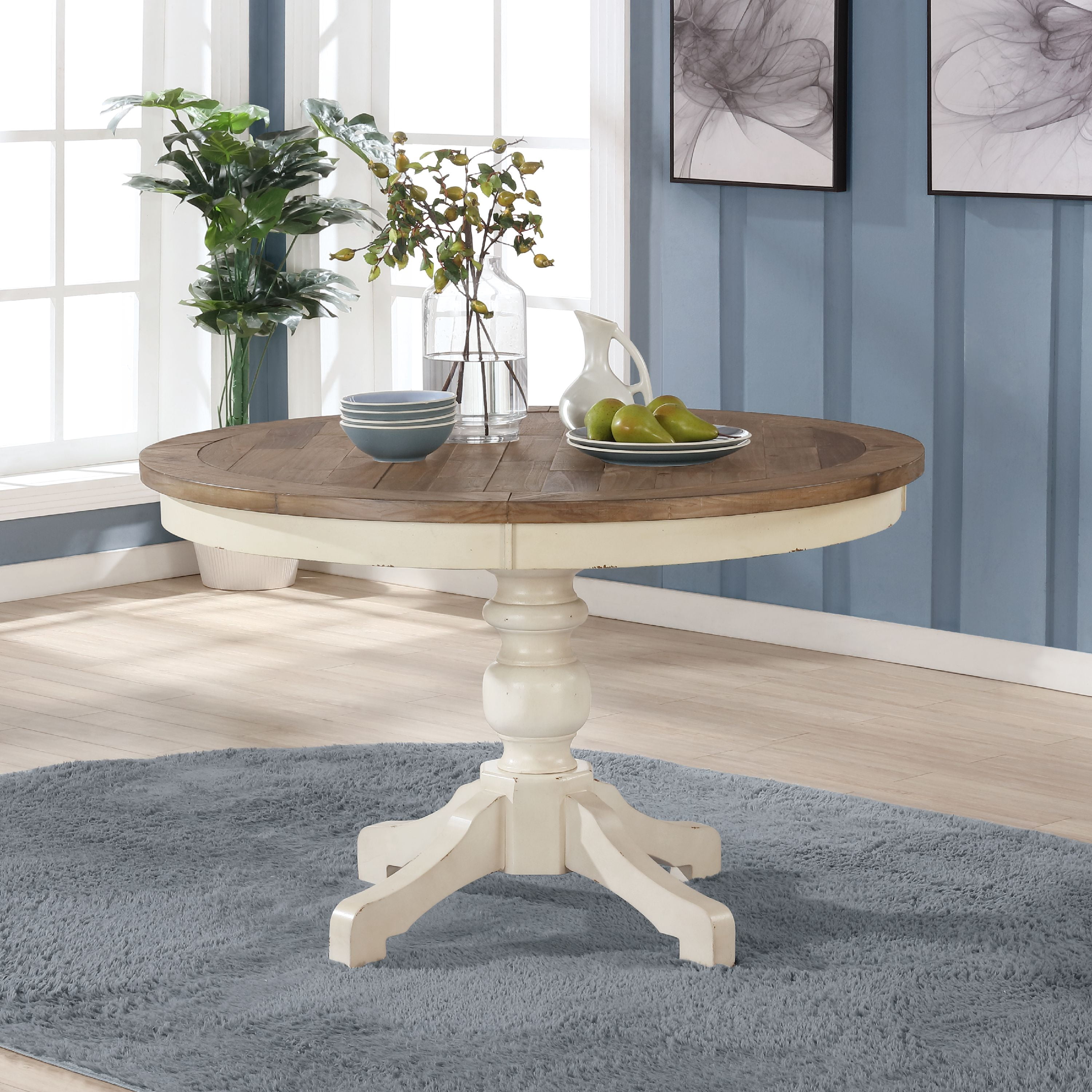 Prato Round Antique White And Distressed Oak Two tone Finish Wood Prato Round Antique White And Distressed Oak Two tone Finish Wood