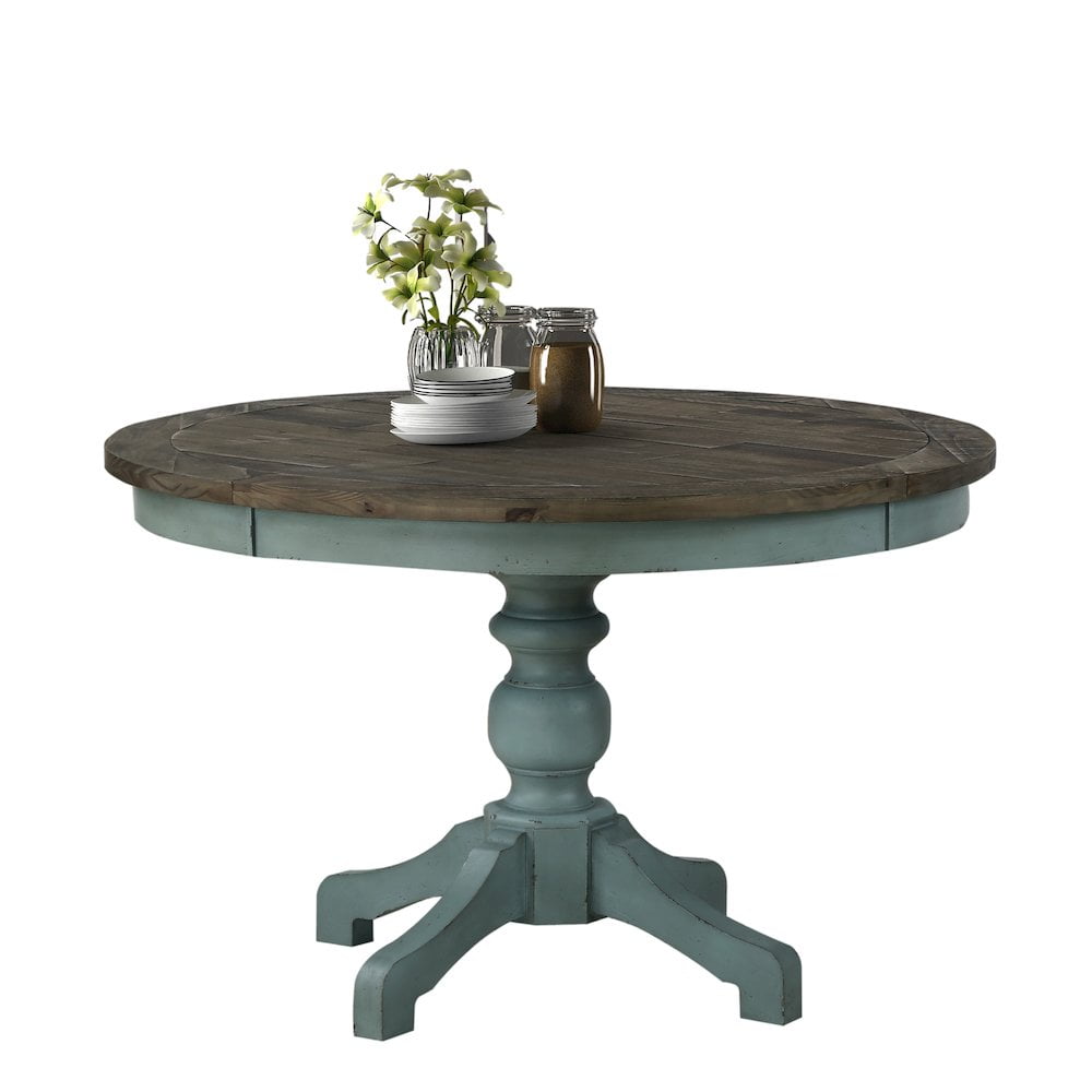 Prato Farmhouse Wooden Dining Table, Round Blue and Brown Two-Tone ...
