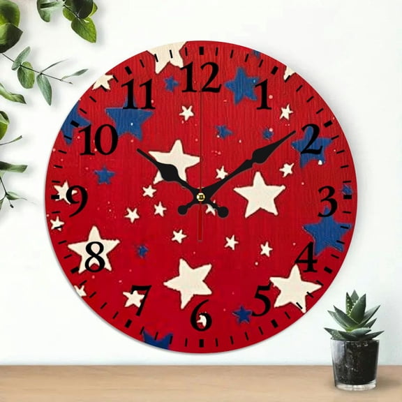 Pratyus 10 Inch Round Wooden Wall Clock Stars Americo Makk Silk Screen Print Decor Silent Mechanical Movement 10x10in