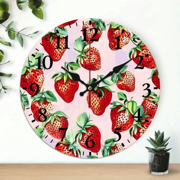 Pratyus 10 Inch Round Wooden Wall Clock with Strawberries Leaves Pattern Print, Wall Hanging Decor Battery Operated - Ideal for Living Rooms, Kitchens, Dorms, and Everyday Gifting 10x10in