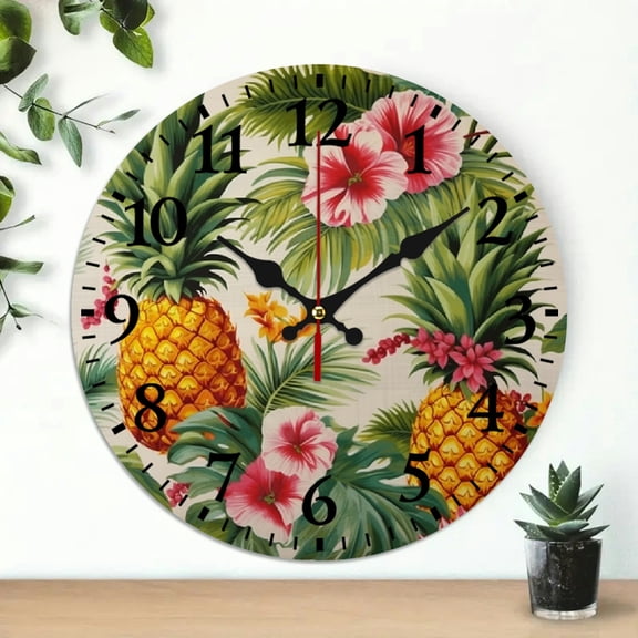Pratyus 10 Inch Wall Clock Pineapples Flowers Tropical Print Wall Art Decor for Living Room - Ideal for Home Decor, Kitchen, Dorms, Everyday Gifts 10x10in