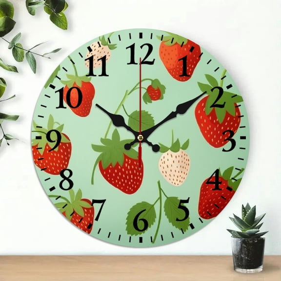 Pratyus 10 Inch Wall Clock Strawberries Green Leaf Print Silent Mechanical Movement Wall Decor for Living Room Kitchen Dorms 10x10in