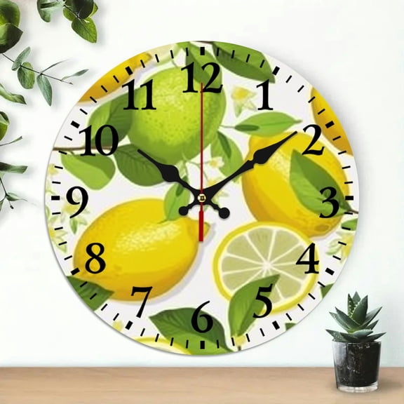 Pratyus 10 Inch Wooden Wall Clock with Lemon Lime Pattern Print for Wall Art Decor - Ideal for Living Rooms, Kitchens, Dorms - Practical Everyday Gift 10x10in
