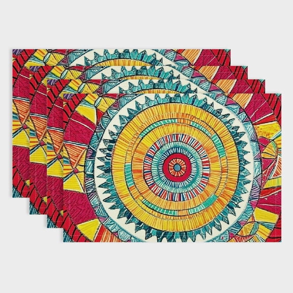 Pratyus 4Pcs Circle Colors Detailed Drawing Dining Table Placemats Linen Table Mat for Birthday Parties, Christmas, Restaurants, Buffets, Home Decoration 18x12in