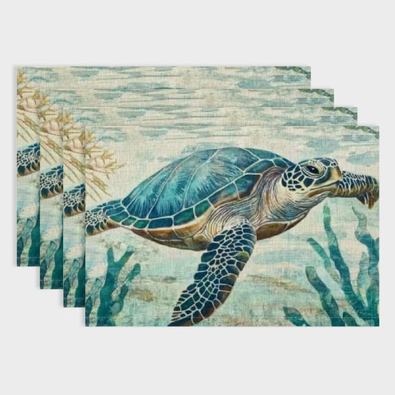 Pratyus 4Pcs Turtle Seaweed Ocean Linen Party Table Placemat Set for Birthday Parties, Christmas Restaurants, Buffets - Home Decor 18x12in