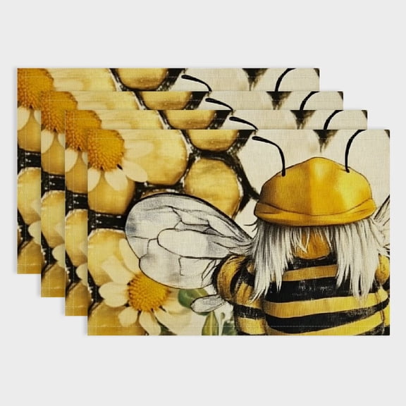 Pratyus 4pcs Bee Beehive Linen Cloth Placemat Set for Dining Tables, Kitchen, Restaurants, Hotels - Heat Resistant & Easy to Clean 18x12in