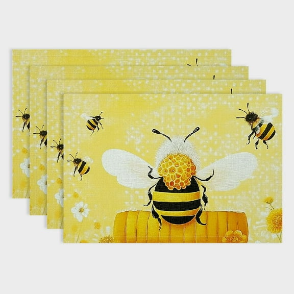 Pratyus 4pcs Bee Honey Beehive Linen Cloth Western Meal Table Pad for Birthday Parties, Christmas Restaurants, Buffets, Home Decoration 18x12in