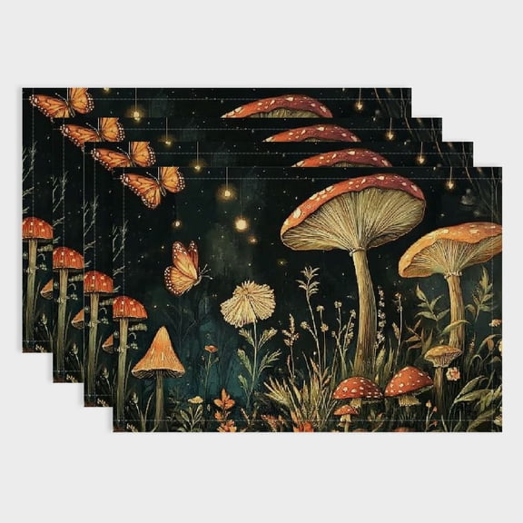 Pratyus 4pcs Mushrooms Butterflies Western Meal Table Linen Placemat Set for Birthday Parties, Christmas, Restaurants, Buffets - Home Decoration 18x12in