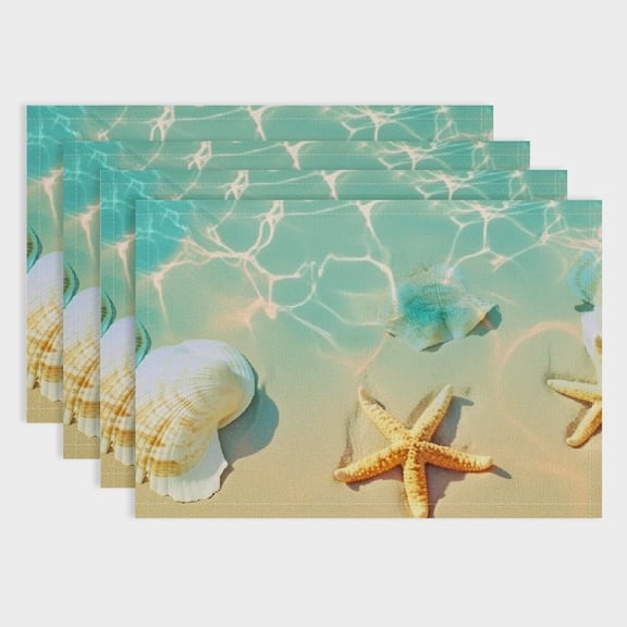 Pratyus 4pcs Starfish Seashells Beach Linen Cloth Placemat Set for Dining Tables, Restaurants, Hotels - Heat Resistant & Easy to Clean 18x12in