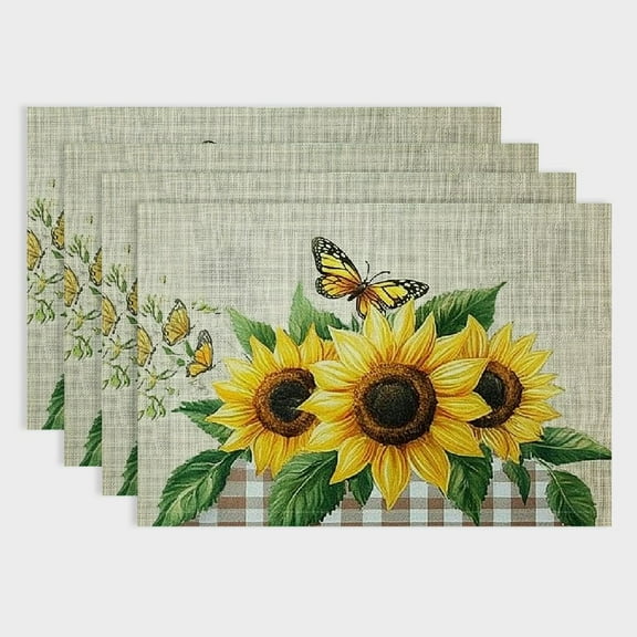 Pratyus 4pcs Sunflower Butterfly Checkered Tablecloth Dining Table Placemats Linen Set for Elegant Dining and Home Decor, Heat-Resistant and Versatile for Birthday Parties, Christmas