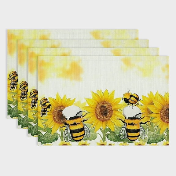 Pratyus 4pcs Sunflowers Bee Border Linen Cloth Dining Table Placemats for Birthday Parties, Christmas, Restaurants, Buffets, Home Decoration 18x12in
