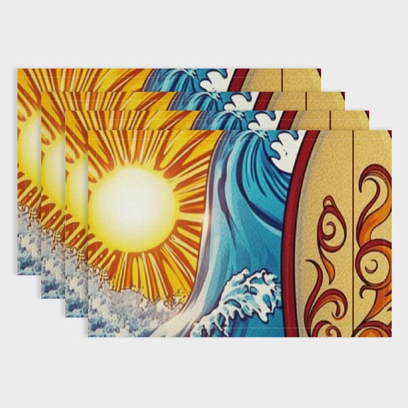 Pratyus 4pcs Surfboard Sun Wave Linen Cloth Placemat Set for Dining Tables, Kitchen, Restaurants, Hotels - Heat Resistant, Stain Resistant, Easy to Clean - Home Decor 18x12in