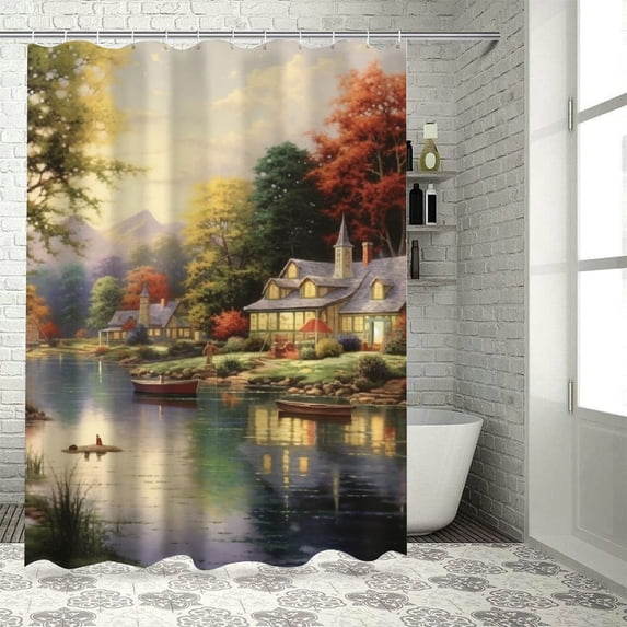 Pratyus American Scene Painting Quick-Drying Shower Curtain Set for Bathroom with Hooks, Washable Polyester Fiber Fabric Shower Curtain for Bathroom Decoration 69x72